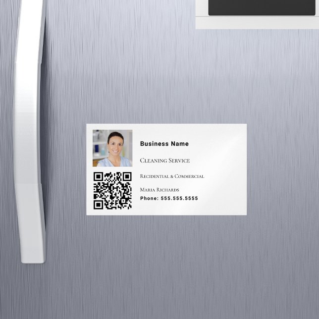 Cleaning service white photo QR code Magnetic Business Card (Creator Uploaded)