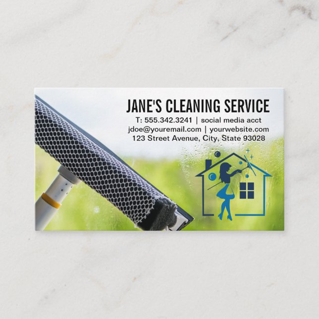 Cleaning Service | Window Cleaning Squeegee Logo Business Card (Front)