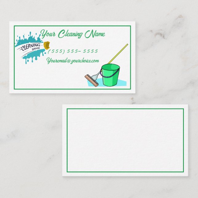 Cleaning Service with cleaners, bucket, and broom Business Card (Front/Back)