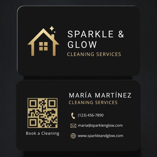 Cleaning Services Black Gold QR Code Professional Business Card (Creator Uploaded)