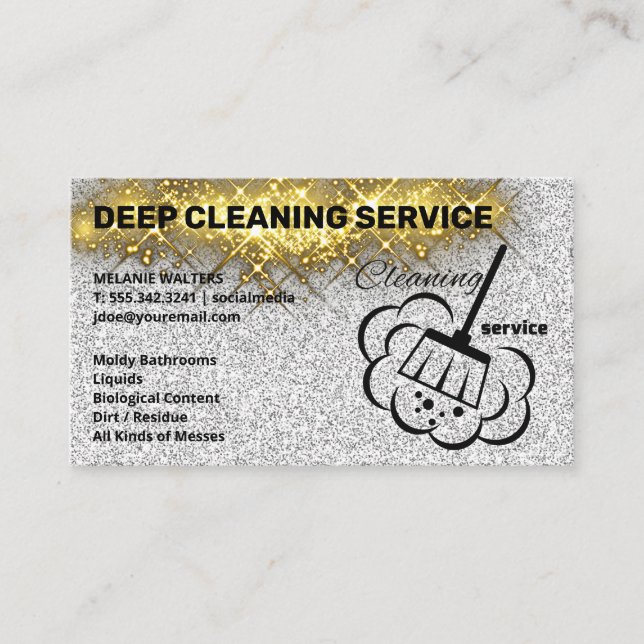 Cleaning Services | Broom Logo | Glitter Sparkle Business Card (Front)
