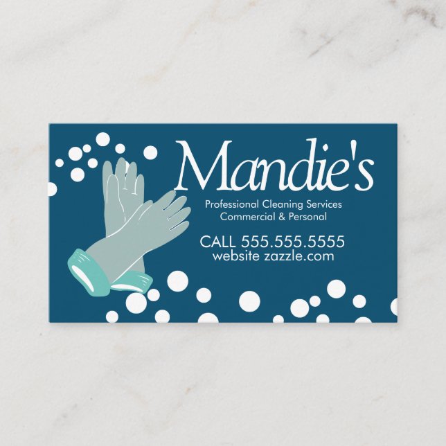 Cleaning Services Bubbles Blue Gloves Business Card (Front)
