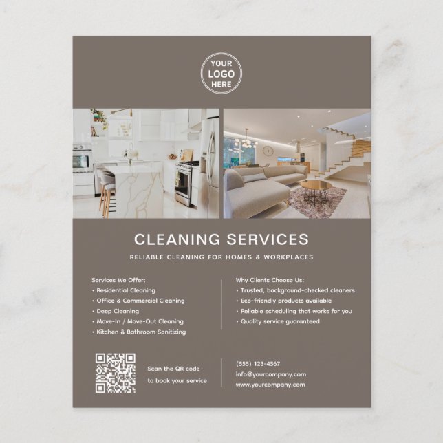 Cleaning Services Custom Logo Taupe QR Flyer (Front)