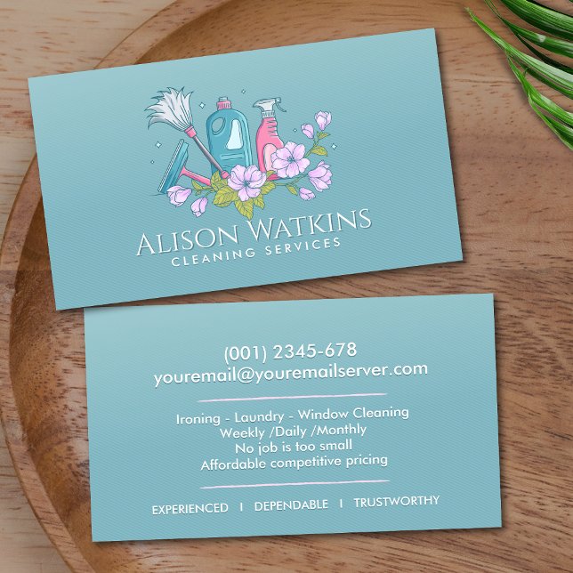 Cleaning Services - Elegant Soft Teal and Pink Business Card (Creator Uploaded)
