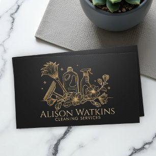 Cleaning Services - Golden Floral Line Art Business Card