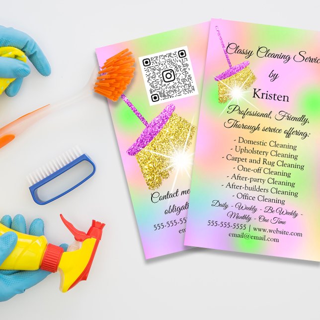 Cleaning Services House Keeping QRCode Logo Groom Business Card (Cleaning Services Holograph QR CODE PINK GOLD FLORENCEK)