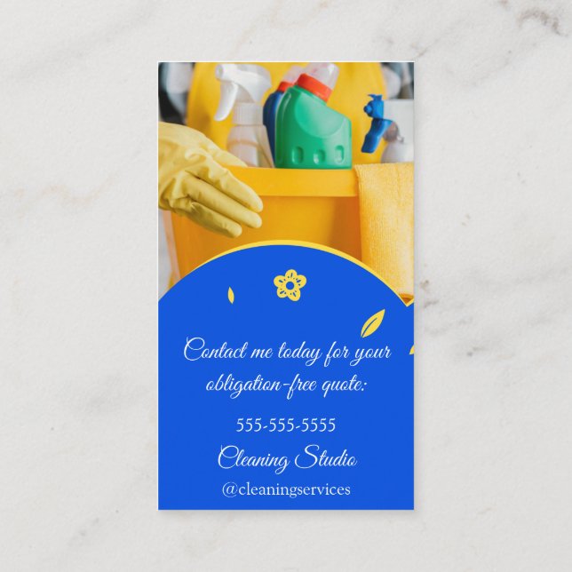 Cleaning Services House Keeping QRCode Photo Blue Business Card (Back)