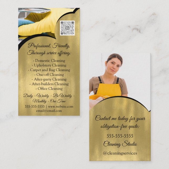 Cleaning Services House Keeping QRCode Photo Gold Business Card (Front/Back)