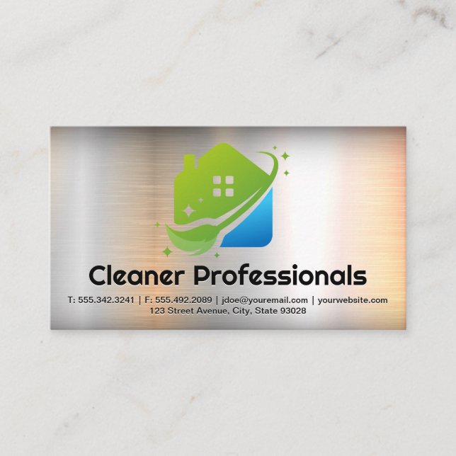 Cleaning Services House Logo | Metal Background Business Card (Front)