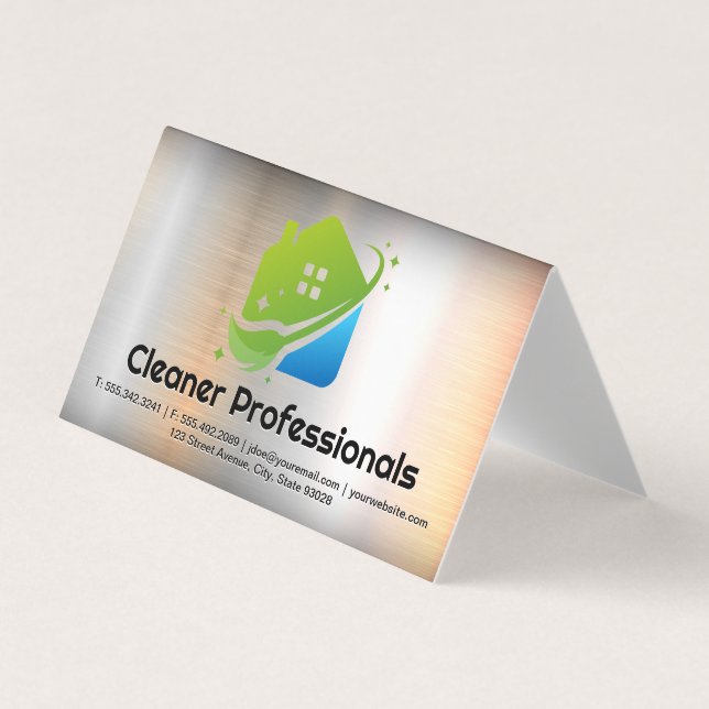 Cleaning Services House Logo | Metal Background Business Card (Front)