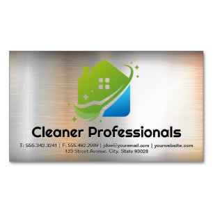 Cleaning Services House Logo   Metal Background Magnetic Business Card