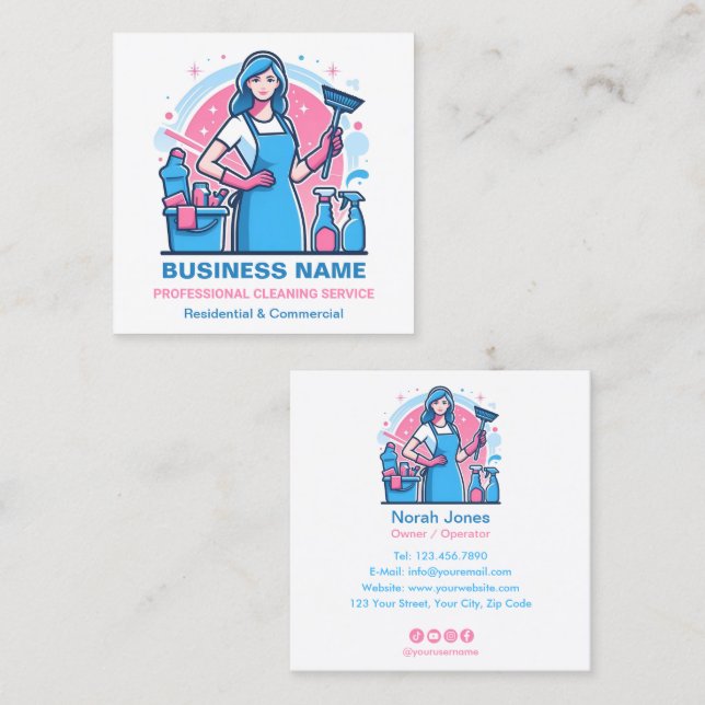 Cleaning Services Housekeeping Square Business Card (Front/Back)