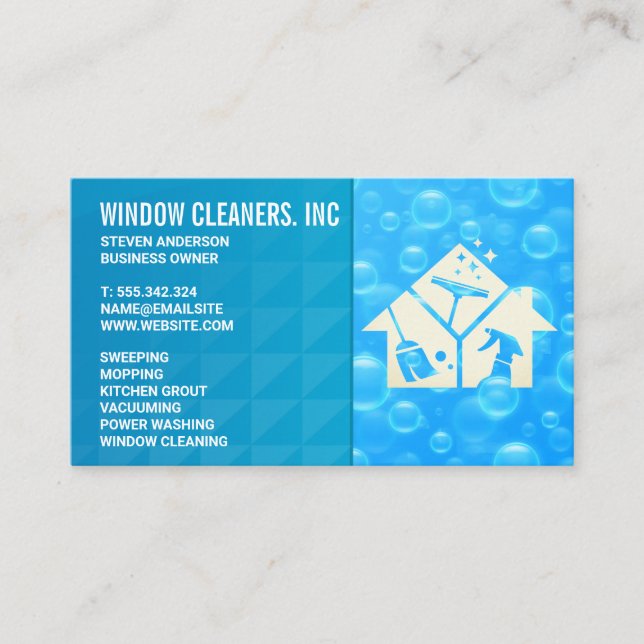 Cleaning Services Icon | Blue Soap Bubbles Business Card (Front)