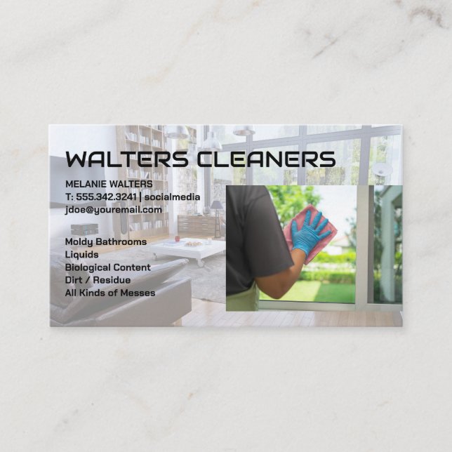 Cleaning Services Logo | Maid Washing Window Business Card (Front)
