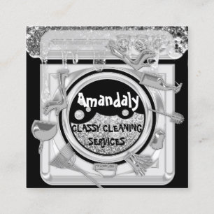 Cleaning Services Logo QR Code Laundy Logo Silver Square Business Card