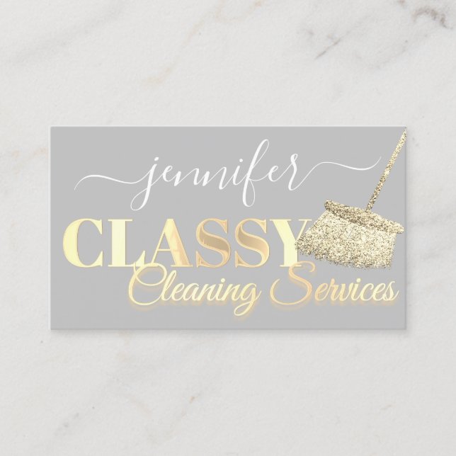 Cleaning Services Maid Grey White Gold  Business Card (Front)
