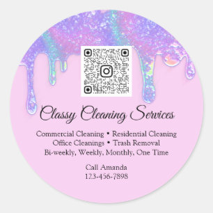 Cleaning Services Maid Housekeeper QRCode Drips Cl Classic Round Sticker