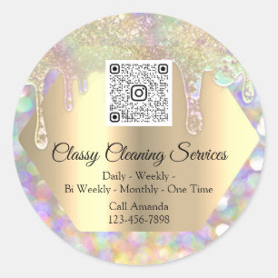 Cleaning Services Maid Housekeeper QRCode Drips Classic Round Sticker