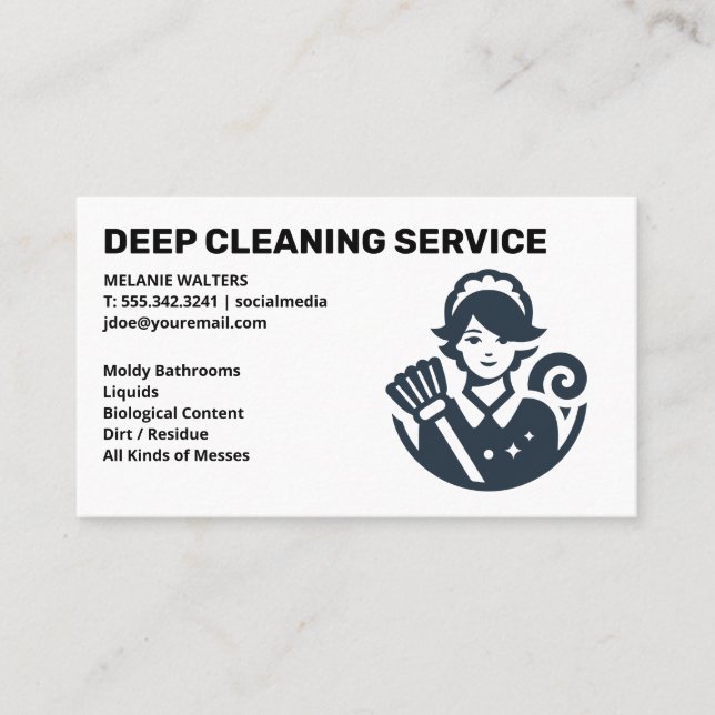 Cleaning Services | Maid with Broom Logo Business Card (Front)