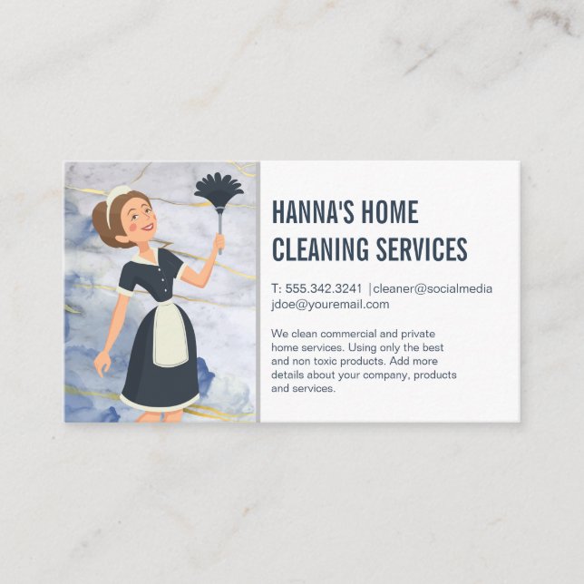 Cleaning Services | Maid with Feather Duster Business Card (Front)
