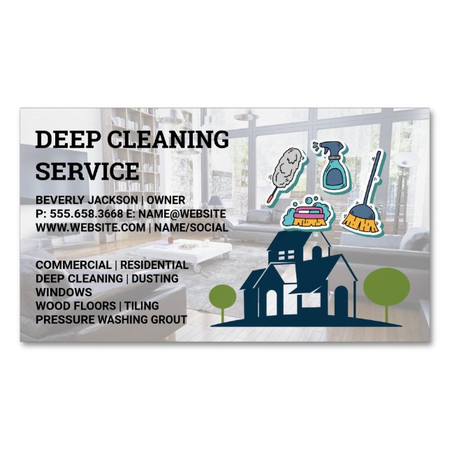 Cleaning Services | Sanitizing Tools Icons Magnetic Business Card (Front)