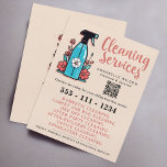 Cleaning Services Spray Bottle Floral Flyer<br><div class="desc">Chic and unique cleaning services flyer, perfect for promoting domestic and commercial cleaning businesses. This professionally designed flyer features a hand-drawn illustration of a blue cleaning spray bottle surrounded by delicate flowers on a bright blush pink background. The front includes elegant script typography for "Cleaning Services, " a detailed list...</div>