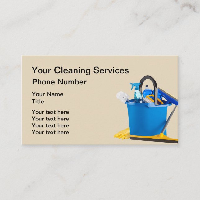 Cleaning Supplies Design With Mop Bucket Business Card (Front)