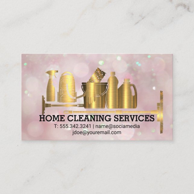 Cleaning Supplies Gold Metallic | Pink Boke Business Card (Front)