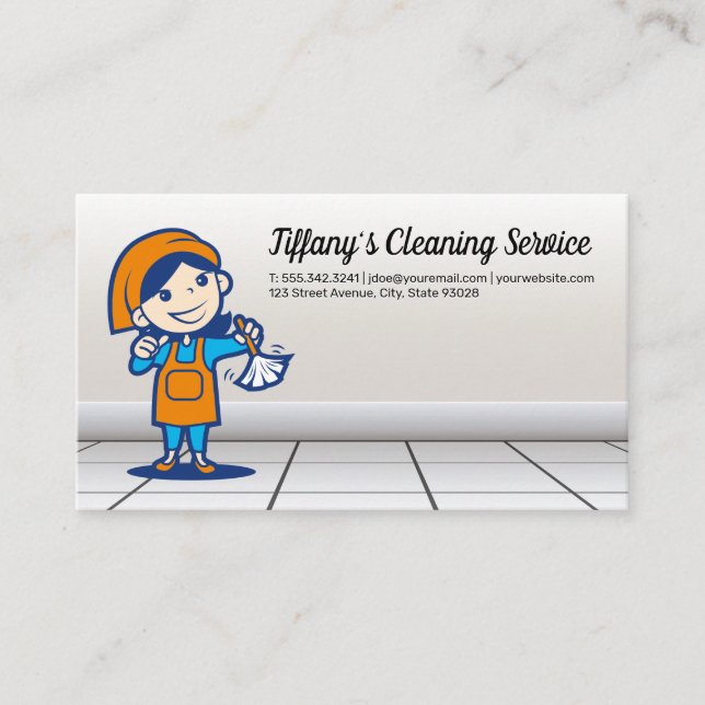 Cleaning Woman Dusting | Tile Flooring Business Card (Front)