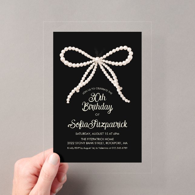 CLEAR ACRYLIC 30th Birthday Black White Pearl Bow Invitations (Insitu (Handheld))