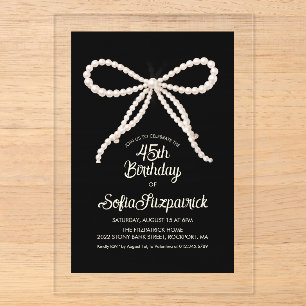 CLEAR ACRYLIC 45th Birthday Black White Pearl Bow Invitations