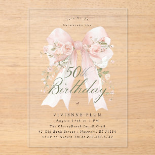 CLEAR ACRYLIC 50th Birthday Pink Bow Rose Floral I Invitations