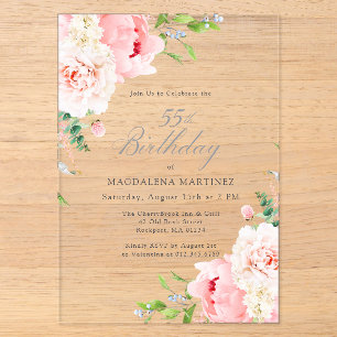 CLEAR ACRYLIC 55th Birthday Pink Peony Floral Invitations