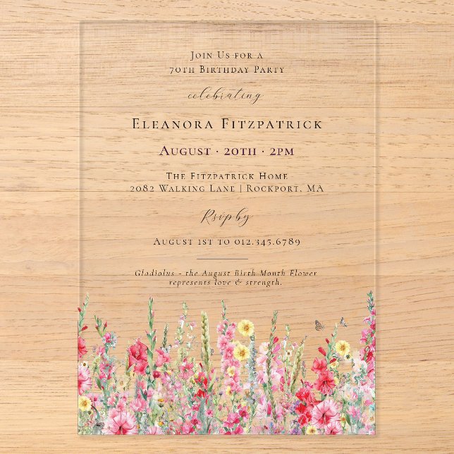 CLEAR ACRYLIC 70th Birthday August Birth Flower Invitations (Front)
