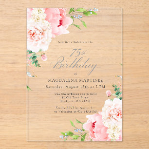 CLEAR ACRYLIC 75th Birthday Pink Peony Floral Invitations