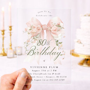 CLEAR ACRYLIC 80th Birthday Pink Bow Rose Floral Invitations