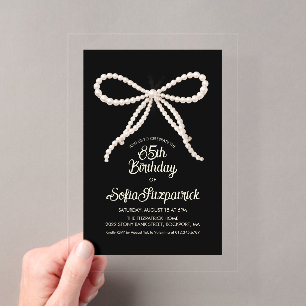 CLEAR ACRYLIC 85th Birthday Black White Pearl Bow Invitations