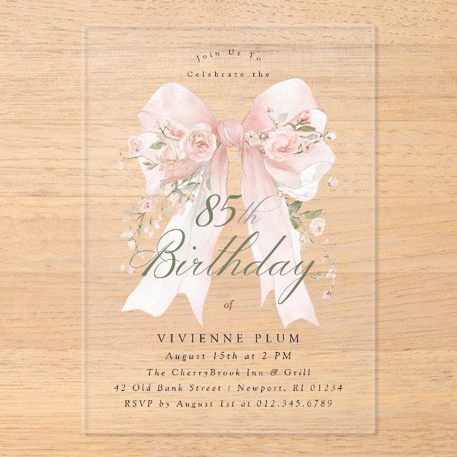 CLEAR ACRYLIC 85th Birthday Pink Bow Rose Floral Invitations (Front)