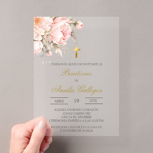Clear acrylic floral Spanish baptism Acrylic Invitations (Insitu (Handheld))