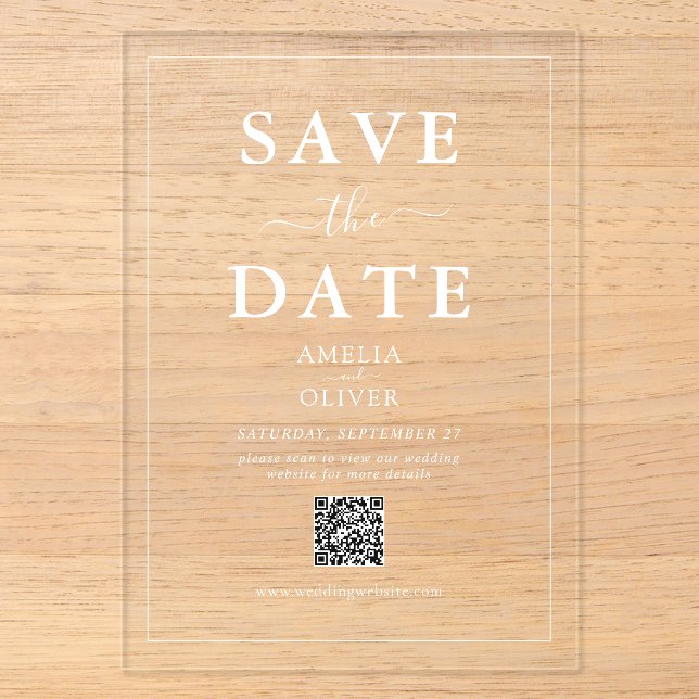 Clear Acrylic QR Code Modern Wedding Save the Date Invitations (Front)
