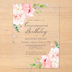 CLEAR ACRYLIC Quinceanera Pink Peony Floral Invitations