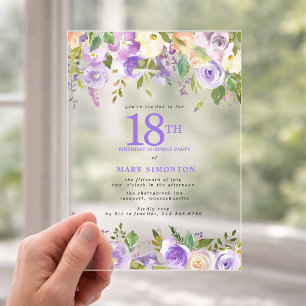 CLEAR ACRYLIC SURPRISE 18th Birthday Purple Floral Invitations