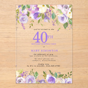 CLEAR ACRYLIC SURPRISE 40th Birthday Purple Floral Invitations