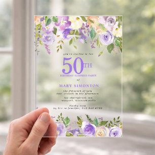 CLEAR ACRYLIC SURPRISE 50th Birthday Purple Floral Invitations