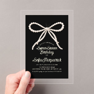 CLEAR ACRYLIC Sweet 16 Black White Pearl Bow Invitations