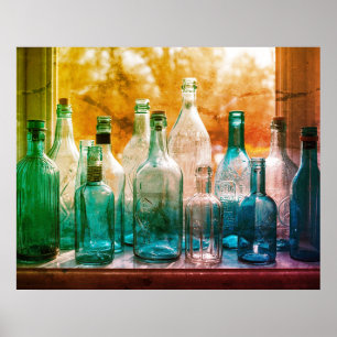 Clear Blue+Green Glass Bottles In the Window Wall Poster