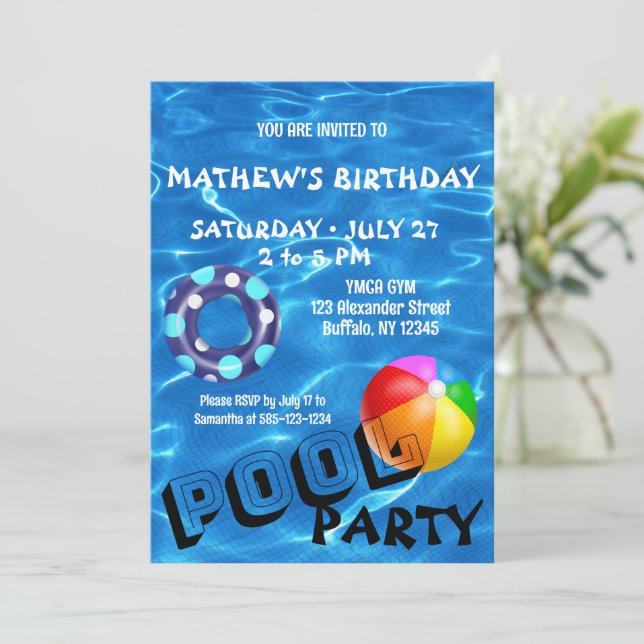 Clear Blue Pool Water Birthday Party Invitation (Standing Front)