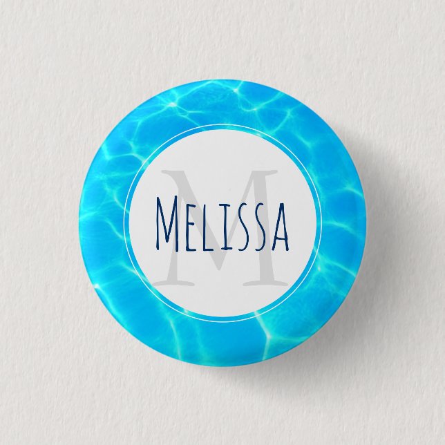 Clear Blue Pool Water Photo Monogram 1 Inch Round Button (Front)