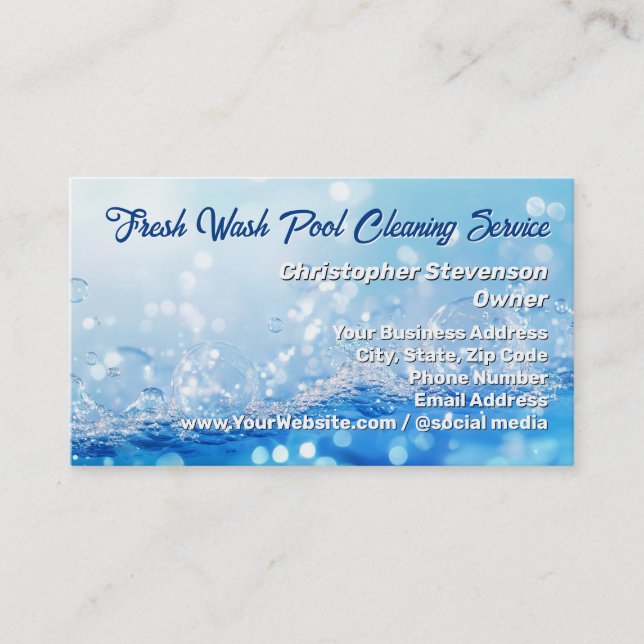 Clear Bubbles Blue Water Pool Cleaning Aquatic Business Card (Front)