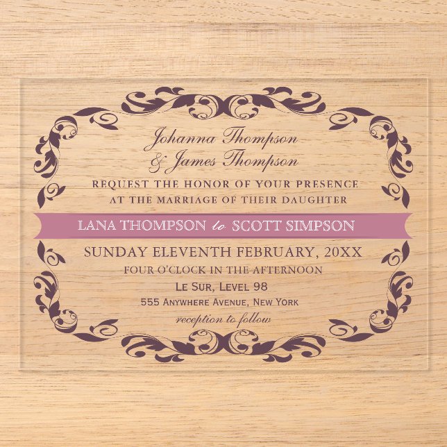 CLEAR Elegant Victorian Filigree White Wedding Acrylic Invitations (Front)